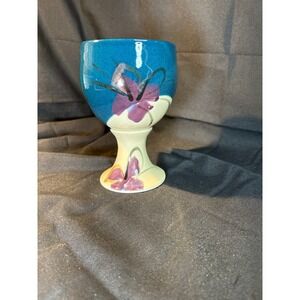 Follette Handcrafted Ceramic‎ Goblet Blue Floral MCM Art Pottery Drinkware